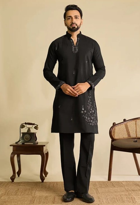 Premium Designer Black Mirror Work Koti Kurta Set for Men